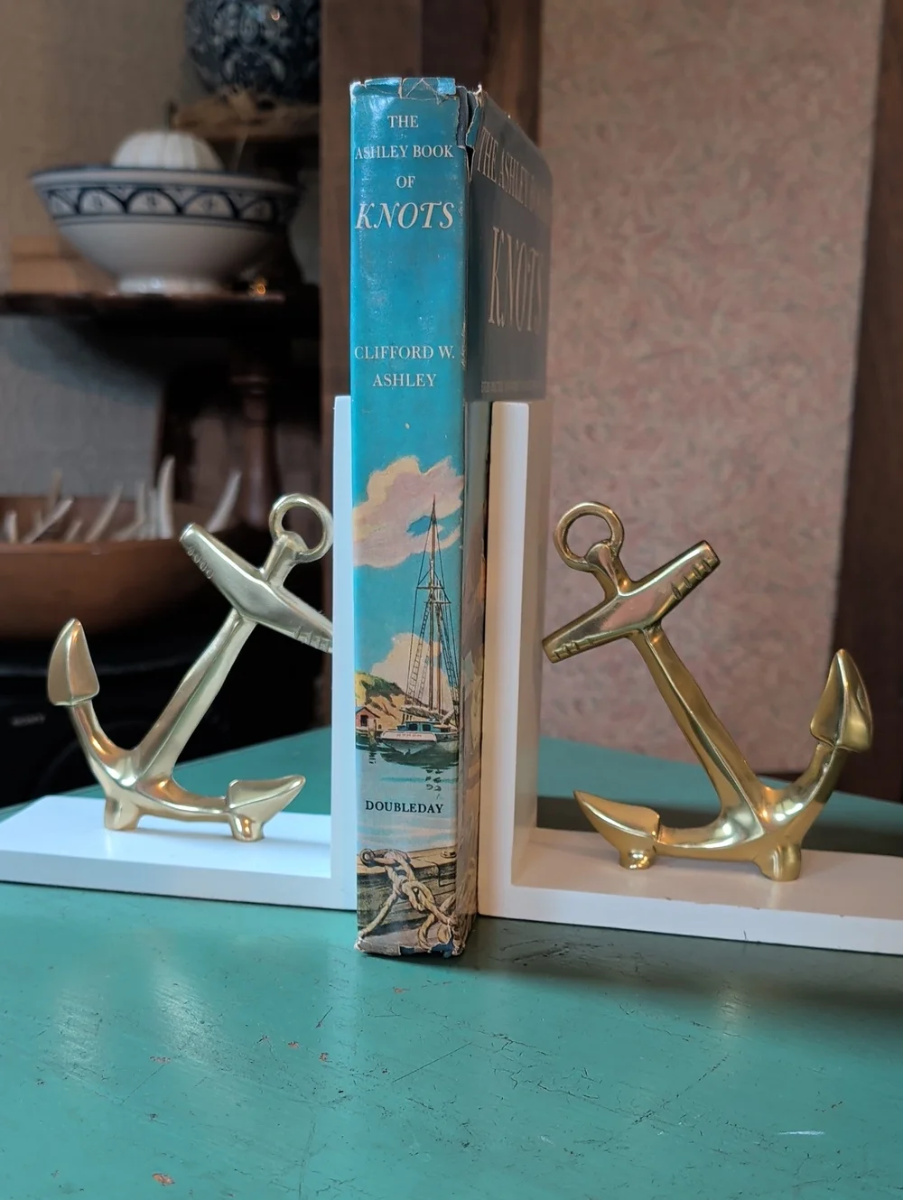 Nautical Brass Anchor Bookends On White Stands